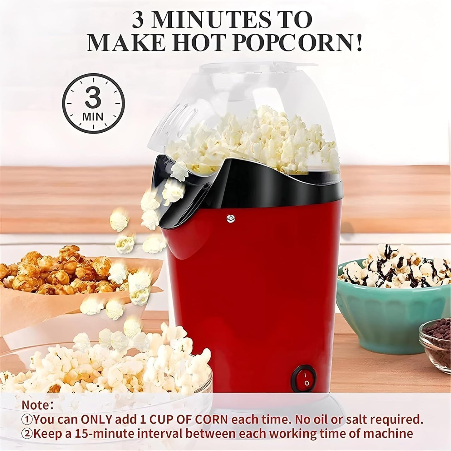 Hot Air Popcorn Popper Maker – Oil-Free, Electric Popcorn Machine with Measuring Cup & Butter Melter, Fast Popping, BPA-Free