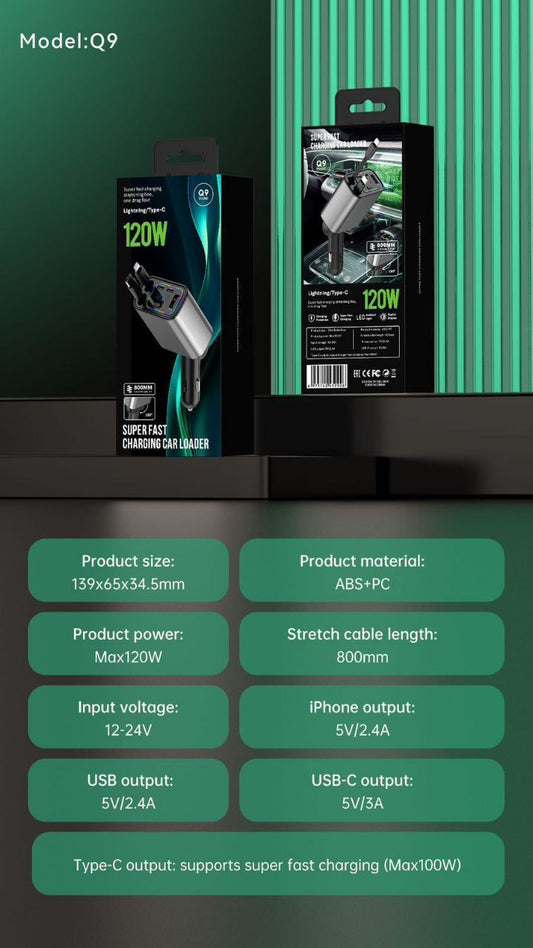 120W Retractable 4 in 1 Car Fast Charger | Type C + iOS | Retractable Car Phone Charger Compatible with Smart All Phones